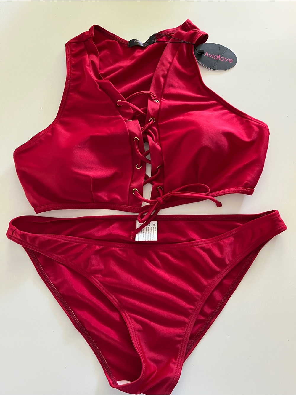 Avidlove Lace-Up High Neck Bikini Set in Red